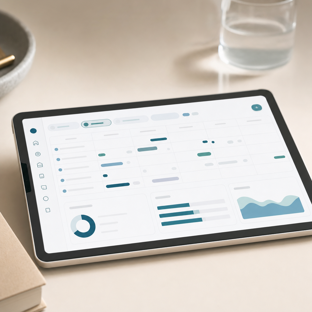 A tablet displaying a clean scheduling dashboard with teal accents on a calm desk.